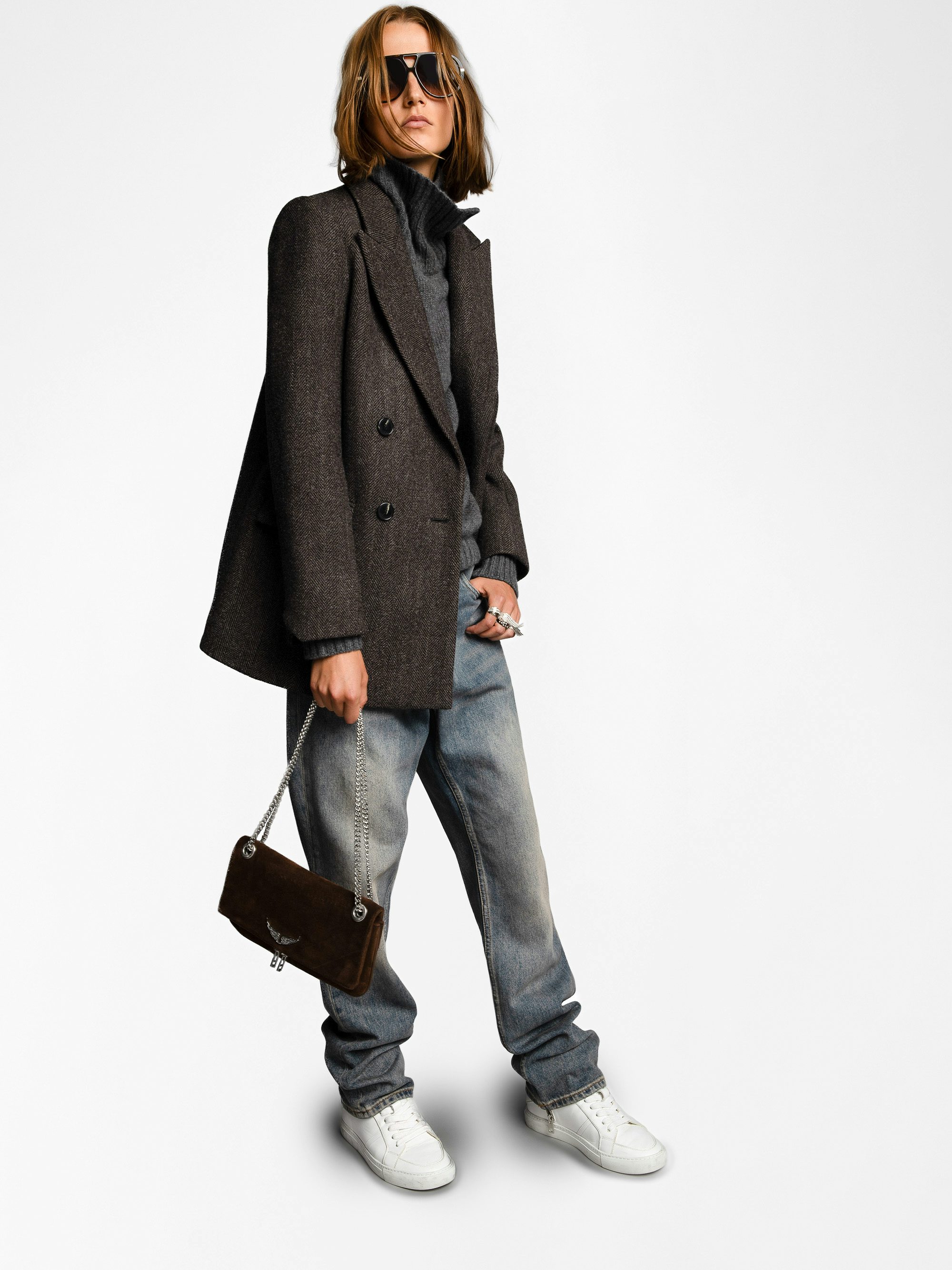 Rock II Suede Clutch - Suede leather clutch with sliding metal chain and signature wings.